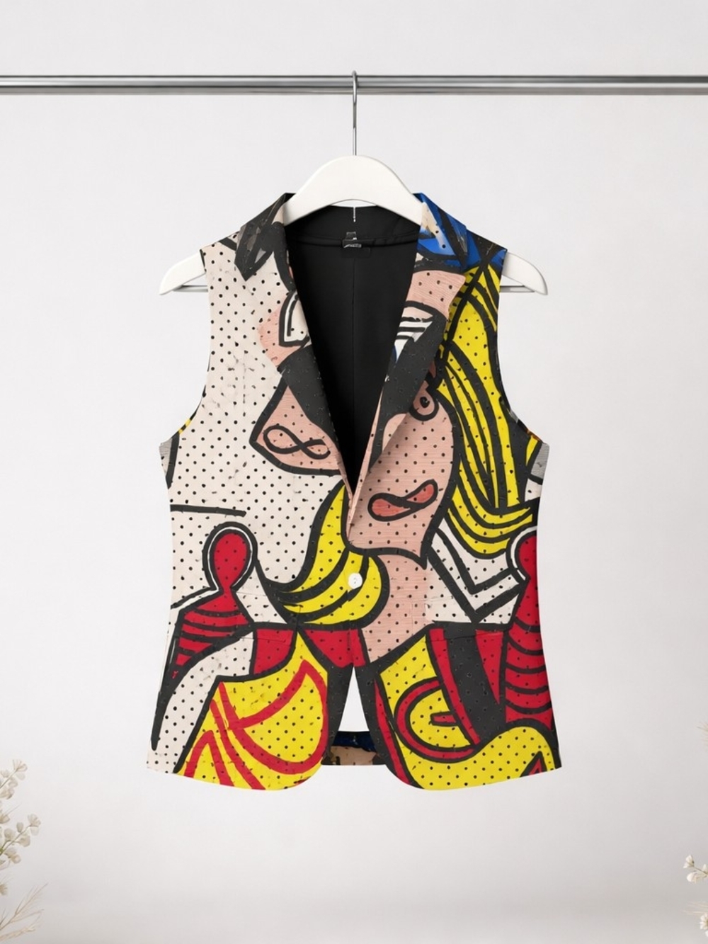 Pop Art Graphic Sleeveless Blazer Vest - Bold Red & Yellow | "Flowered Hat"